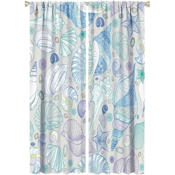 Nautical Curtains, Ocean Shell Starfish Oyster Mollusk Pattern Lightweight Decorative with Rod Pocket, Kids Boys Girls Bedroom Living Room Curtains, 2 Panels, 42x63 Inch Mint Blue