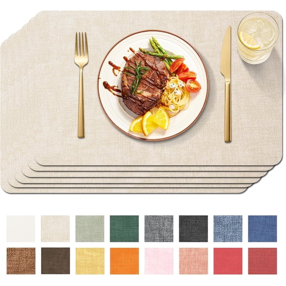 Lifestance Faux Leather Placemats Set of 6, Waterproof Heat Resistant Non Slip Dining Table Mats, 17x12 inch Rectangle Beige, Indoor Outdoor Use
