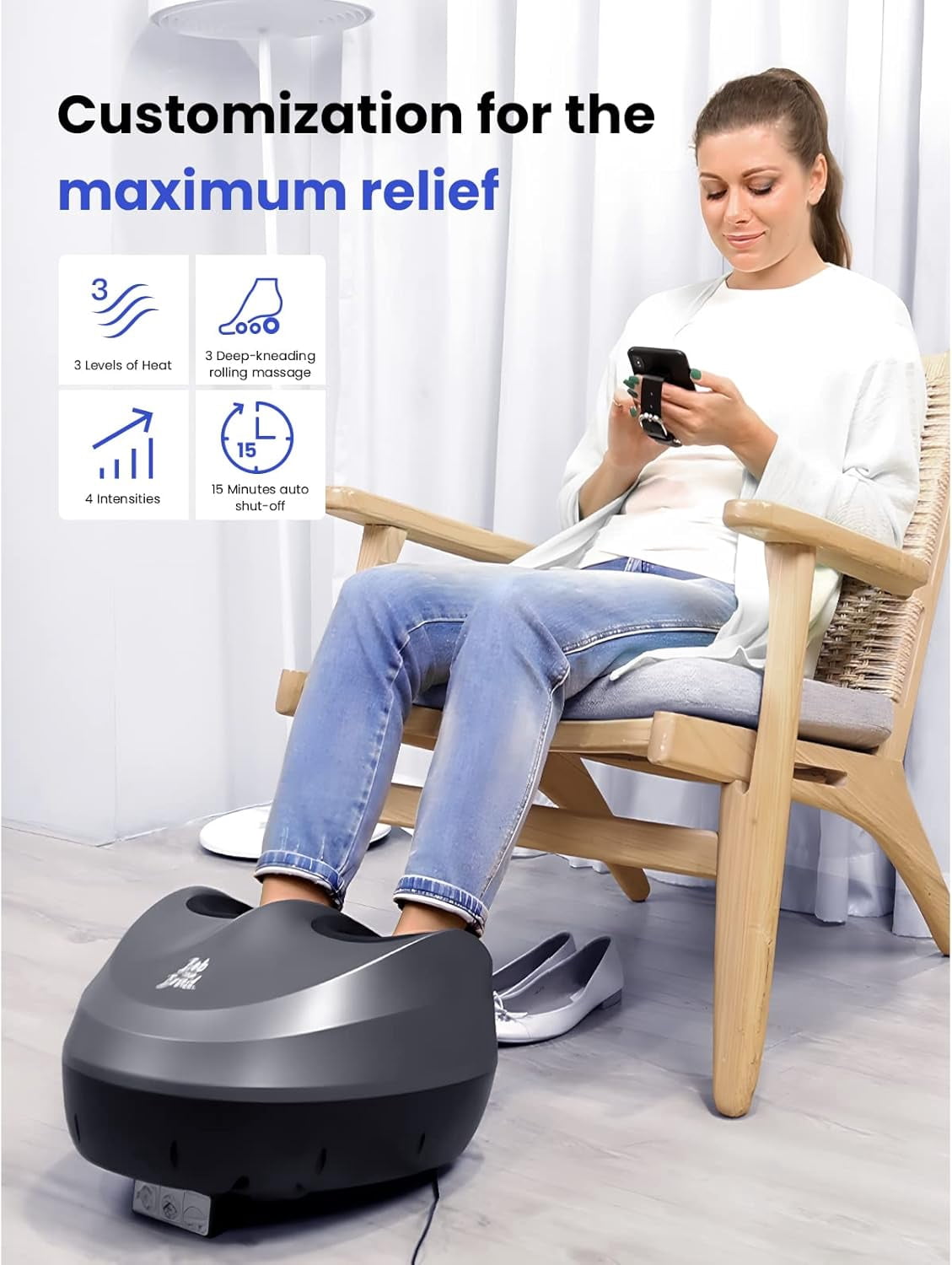 Bob and Brad Shiatsu Foot Massager with Heat and Remote, Deep Kneading Therapy with 4 Level, Improve Foot Wellness, Fits Feet up to Men Size 12- Black