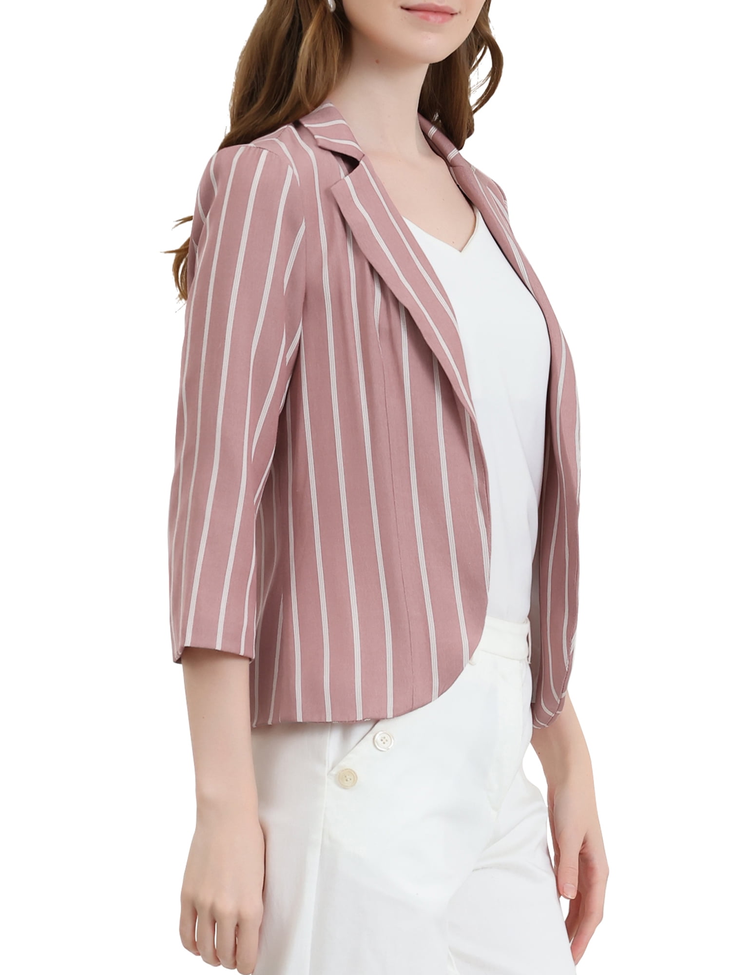 DARING DIVA Women's Striped Open Front Notched Lapel Blazer M Dark Pink