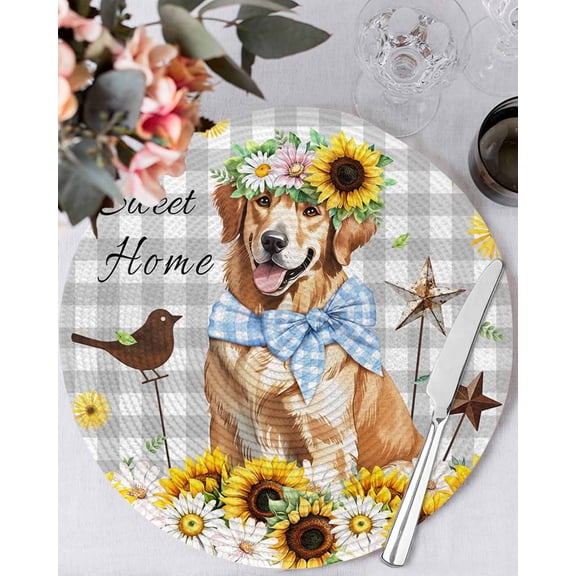 13 Inch Round Placemats Set of 6, Sunflowers Dog Non Slip Heat Insulation PP Table Mats, Spring Watercolor Floral Stars Grey Plaid Washable Place Mats for Kitchen Dining Party Table Decor
