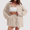 thumbnail image 4 of 2 Piece Linen Outfits for Women Fall Spring Long Sleeve Button Up Shirt and Elastic Waist Shorts Set Travel Clothes (S, Khaki), 4 of 7