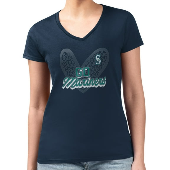 Women's G-III 4Her by Carl Banks Navy Seattle Mariners Leopard Heart Fitted V-Neck T-Shirt