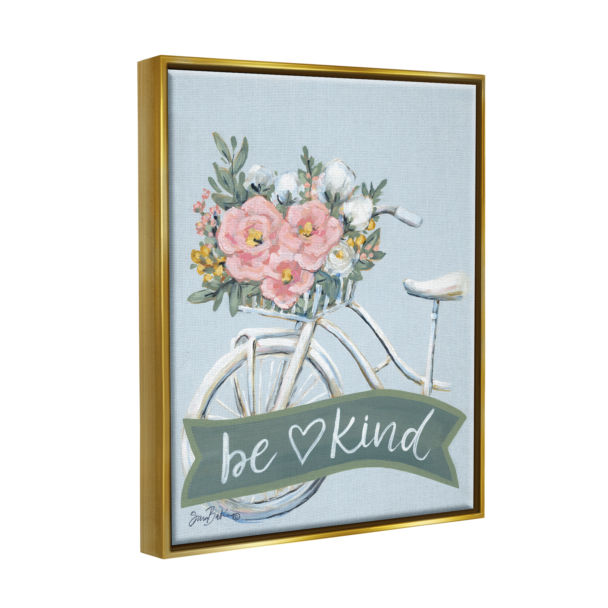 Stupell Industries Be Kind Floral Bicycle Botanical & Floral Painting Gold Floater Framed Art Print Wall Art, 17 x 21