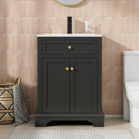 Eclife 24" Vintage Black Bathroom Vanity Set with Ceramic Sink Top, Faucet, Drain