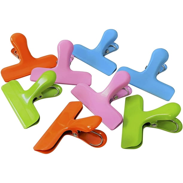 CROC JAWS Clips para virutas de acero inoxidable grandes de 3 pulgadas de ancho, 4 colores surtidos, paquete de 4. Clips para bolsas de servicio pesado Sello hermético para bolsas de alimentos. Clips metálicos multiusos para cocina, hogar u oficina (no magnéticos)