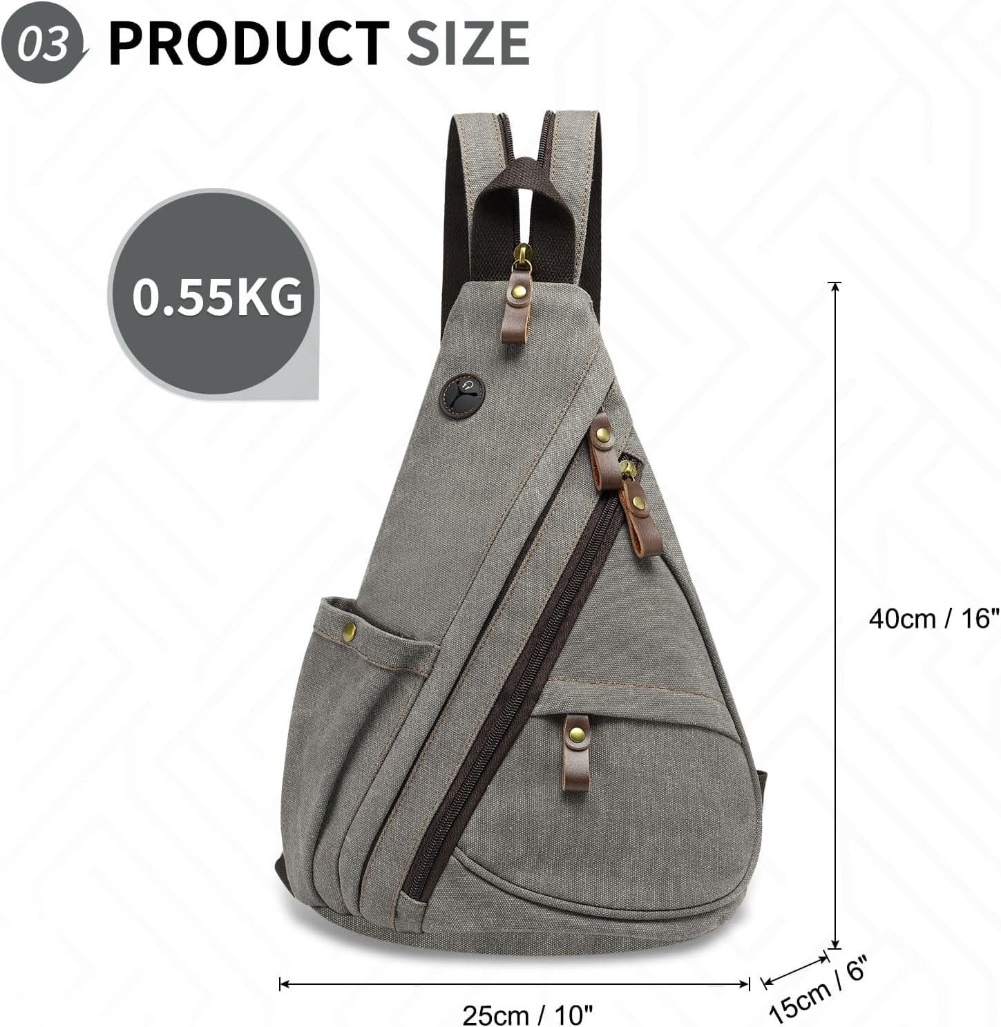 Vintage Canvas Sling Bag with Genuine Leather Zipper, 3 in 1 Crossbody, Backpack, and Chest Bag, for Travel, Hiking, 16x10x6 Inches