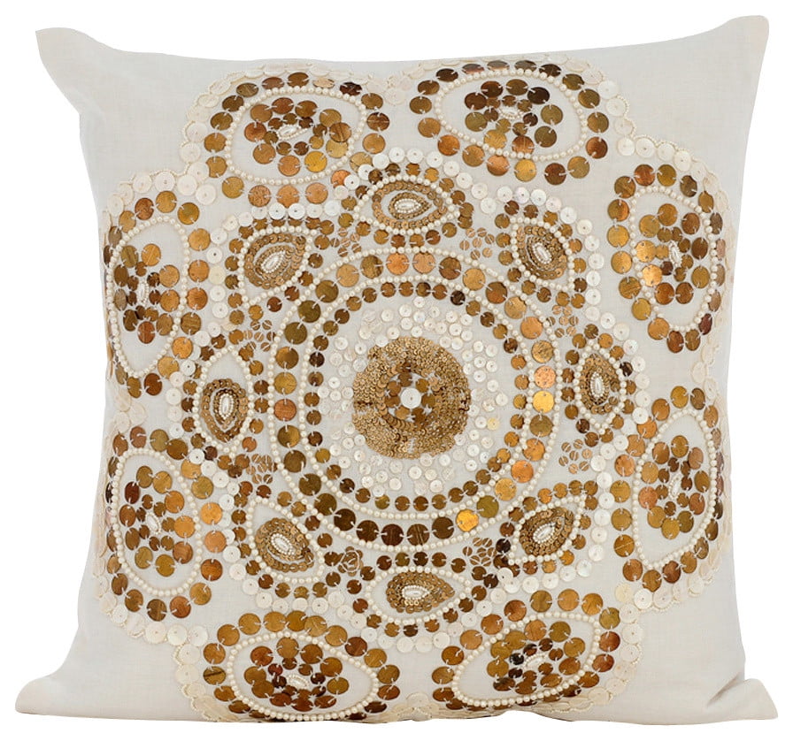 Ivory Euro Sham Covers 26x26 inch (65x65 cm), Linen Euro Pillow Cases, Abstract, Medallion
