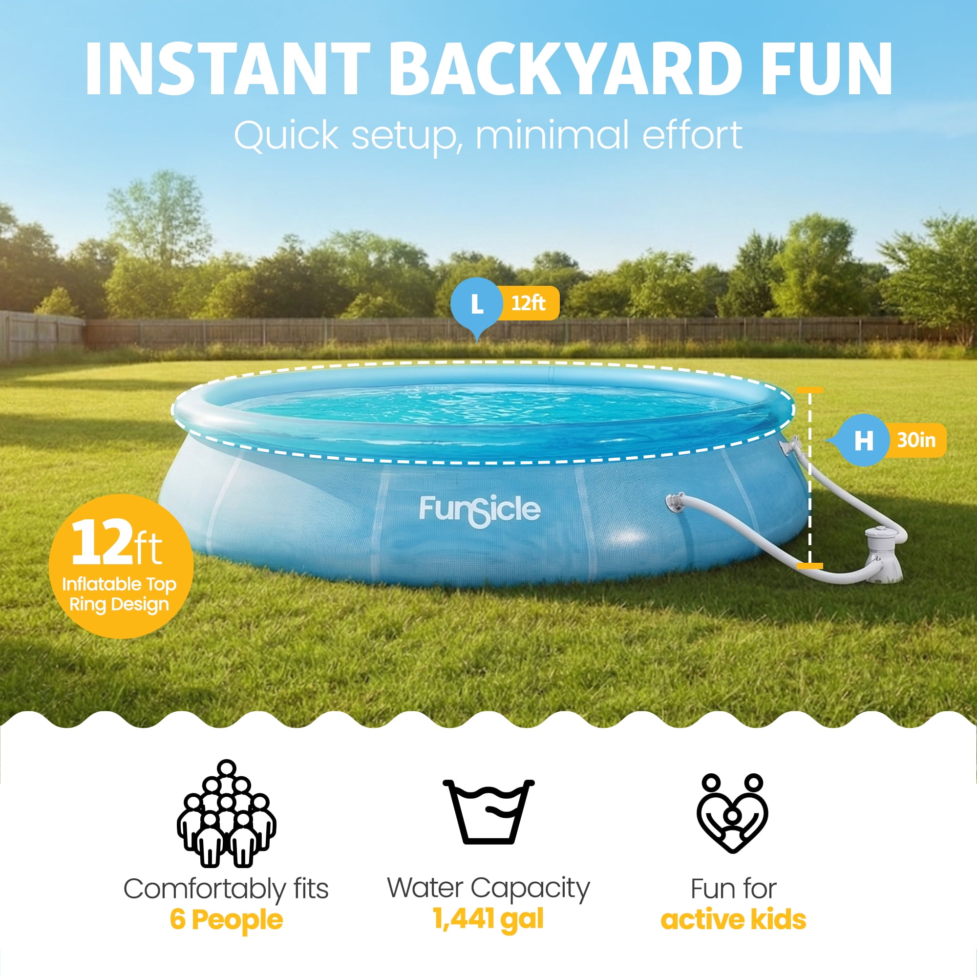 Funsicle 12ft x 30in Round Sea-Thru QuickSet Above Ground Pool with Cartridge Filter Pump, Age 6 & up