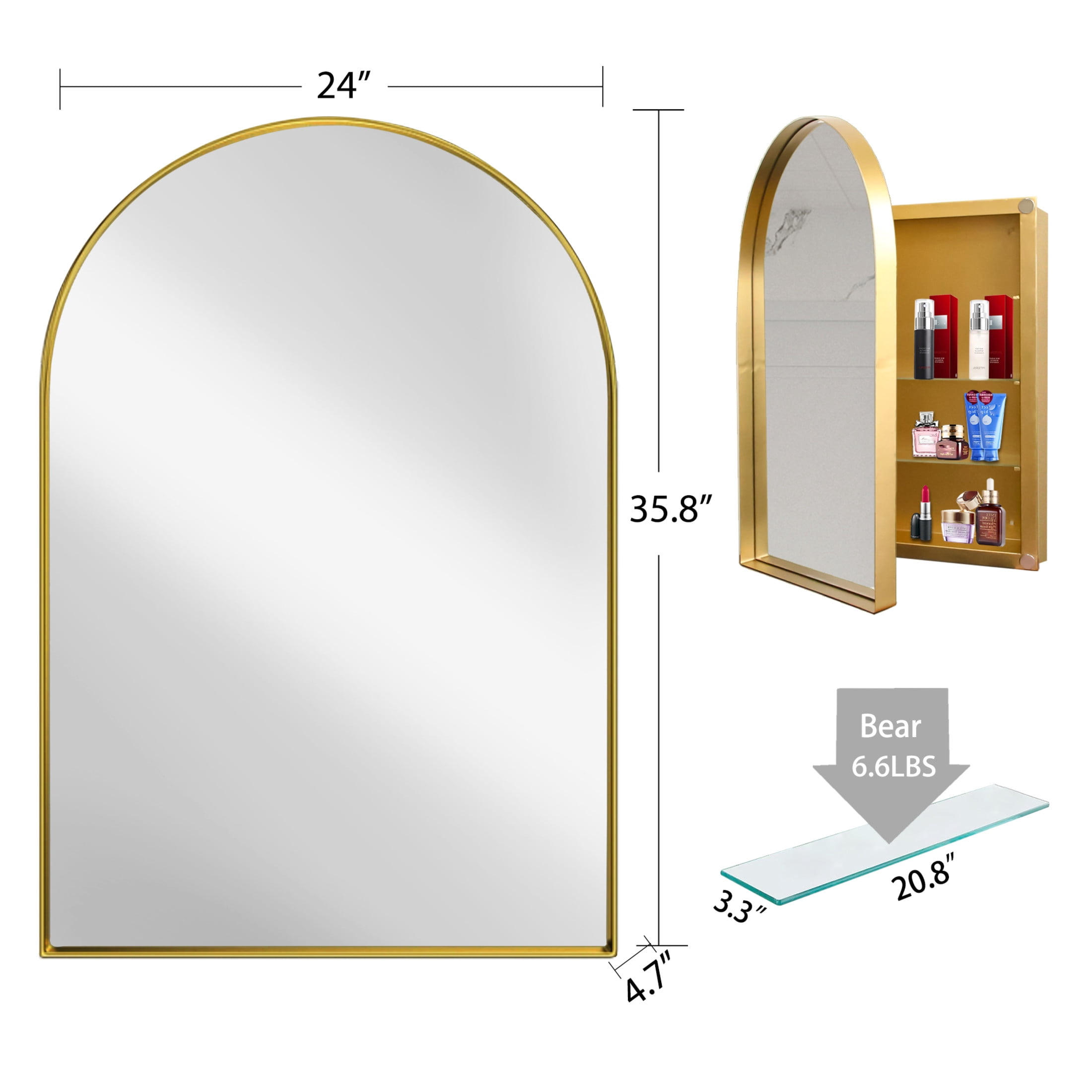 Noble House Arched Medicine Cabinet with Mirror, Recessed or Surface Mount, Adjustable Shelves, Matte Gold