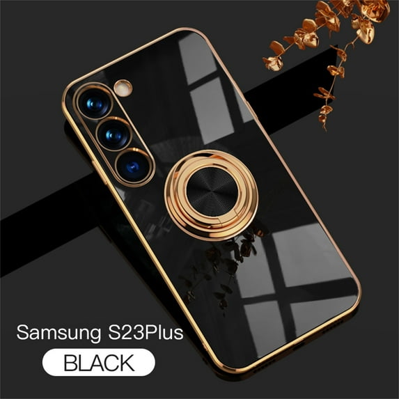 ELEHOLD for Samsung Galaxy S23 Plus Slim Case Electroplating Frame Design All-inclusive Lens Protection Metal Ring Holder Stand Function Shockproof Lightweight Case for S23+,Black