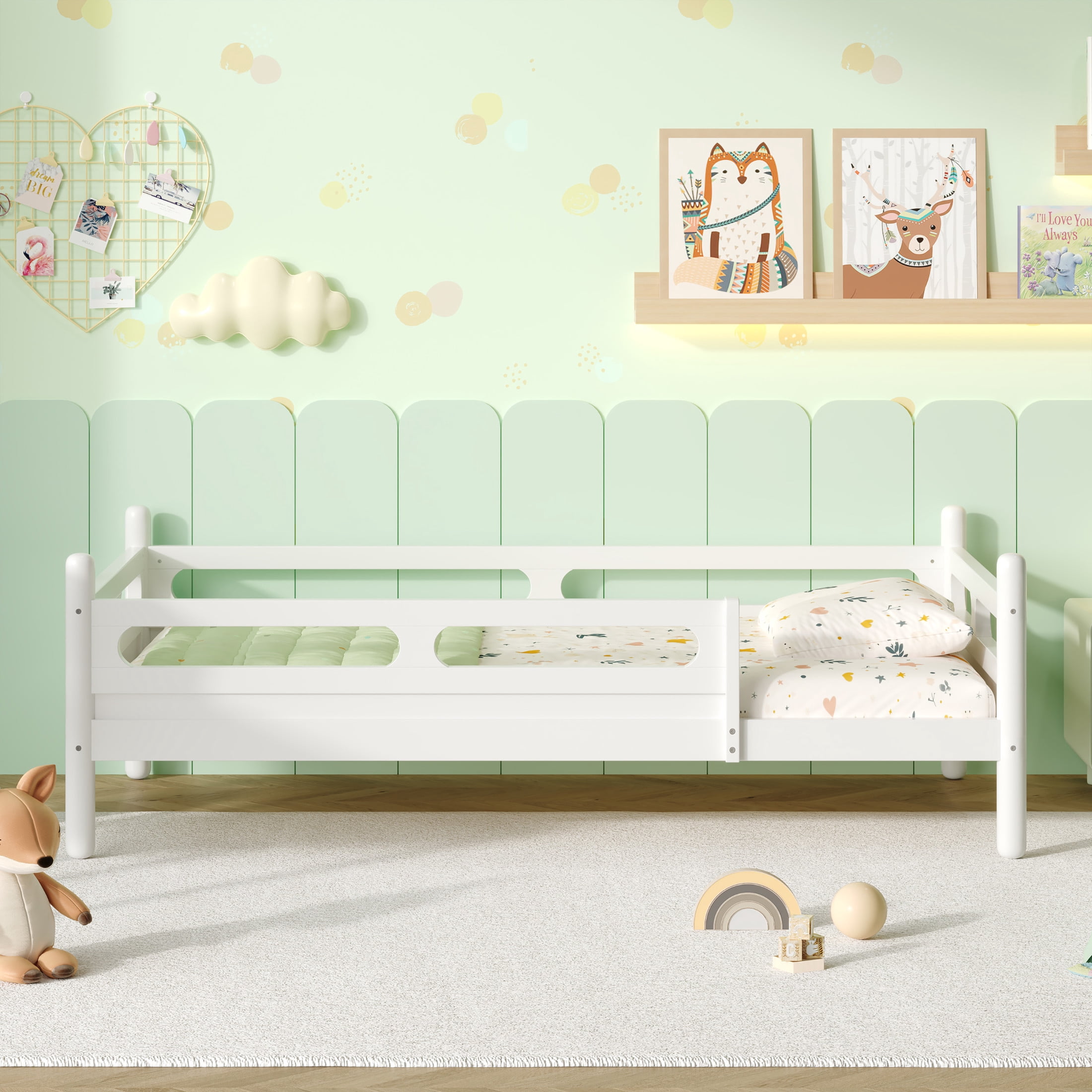 Noble House Twin Size Kids Bed Frame with Safety Rails, Low Profile Design & Slat Support, White