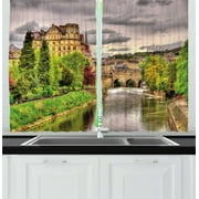 Landscape Curtains 2 Panels Set, Nature Themed View of Bath Town over The River Avon in England Digital Print, Window Drapes for Living Room Bedroom, 55W X 39L Inches, Fern Green, by Ambesonne