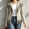 thumbnail image 2 of IFNWSV Womens Bomber Jacket Pointed Collar Button Open Long Sleeve Solid Fringe Trim Frayed Hem Jacket, 2 of 5