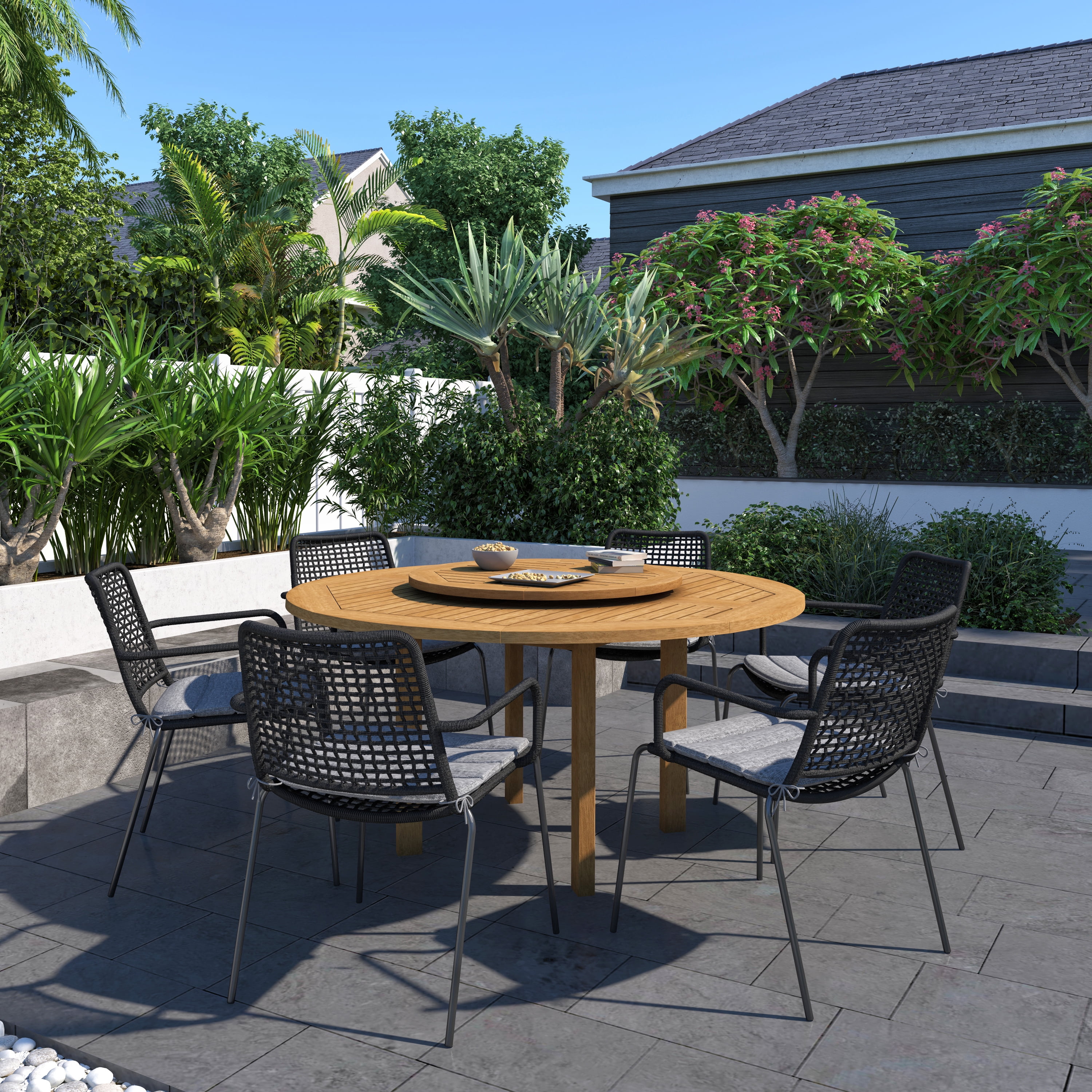 Amazonia Kingston 7-Piece Patio Round Lazy Susan Dining Table Set, Teak Finish, Ideal for Outdoors and Indoors, Grey Cushions