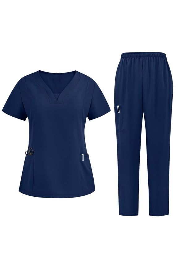 Womens Scrubs Set Short Sleeve V Neck Scrubs Tops Shirts + Straight Pants Workwear Uniform Sets Work Clothes with Pockets Navy XL