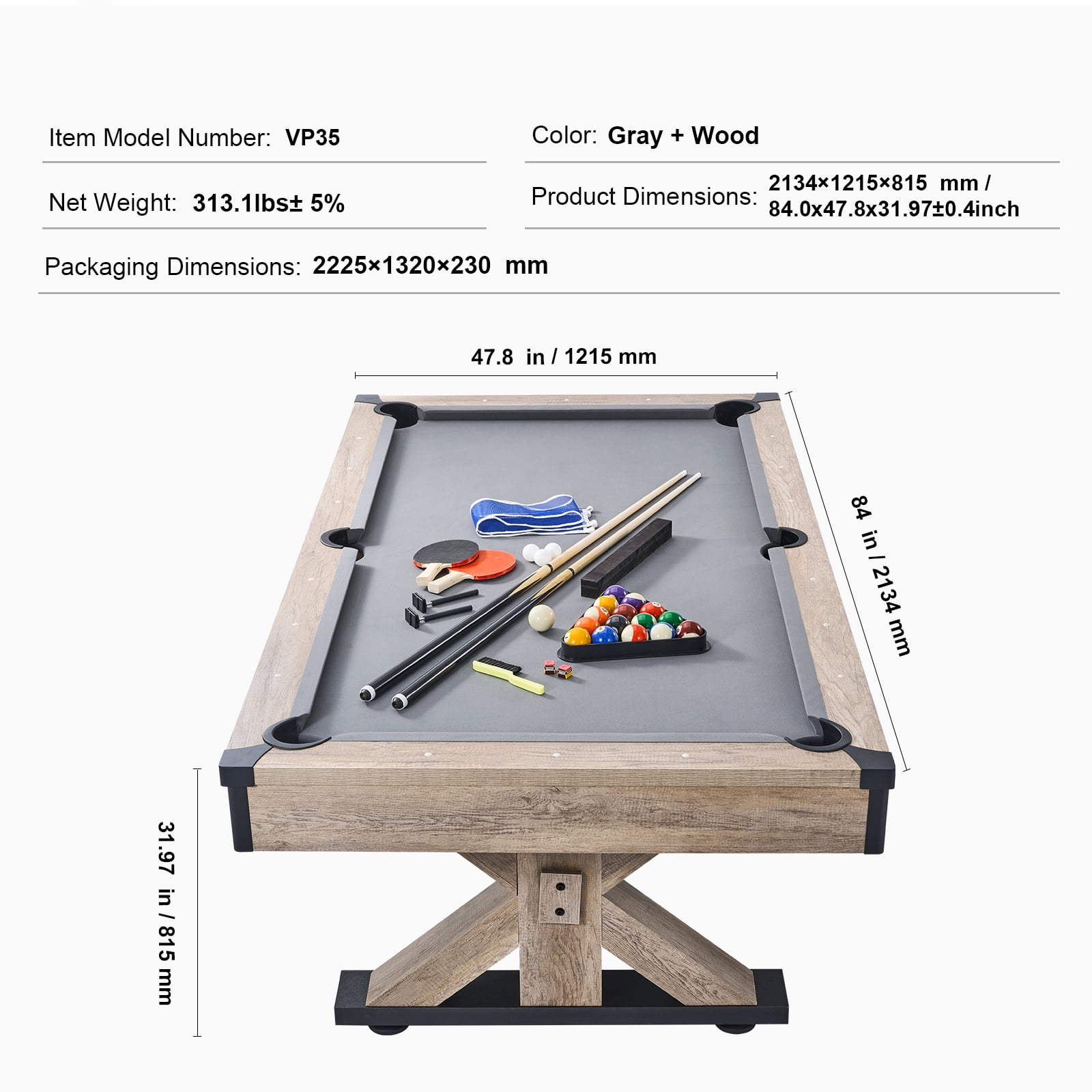 KFFKFF 3-in-1 Game Table, 7ft, Multi-Functional with Pool, Table Tennis, and Dining Options, Complete Accessory Kit Included, Wooden Design with Grey Cover, Ideal for Family Entertainment Space