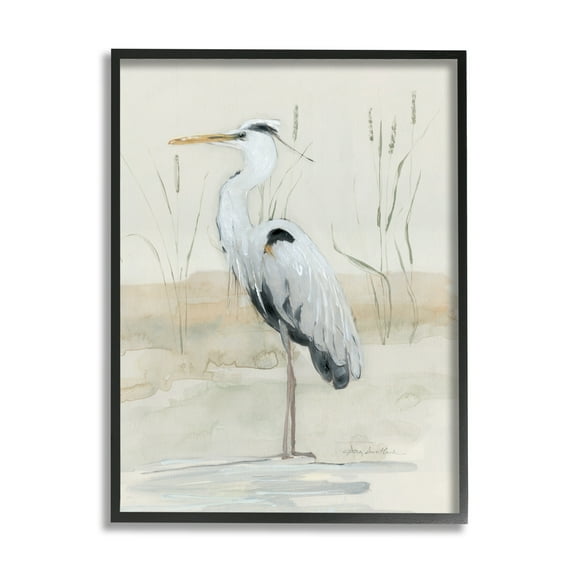 Stupell Industries Heron Bird Riverbank Watercolor Coastal Painting Black Framed Art Print Wall Art