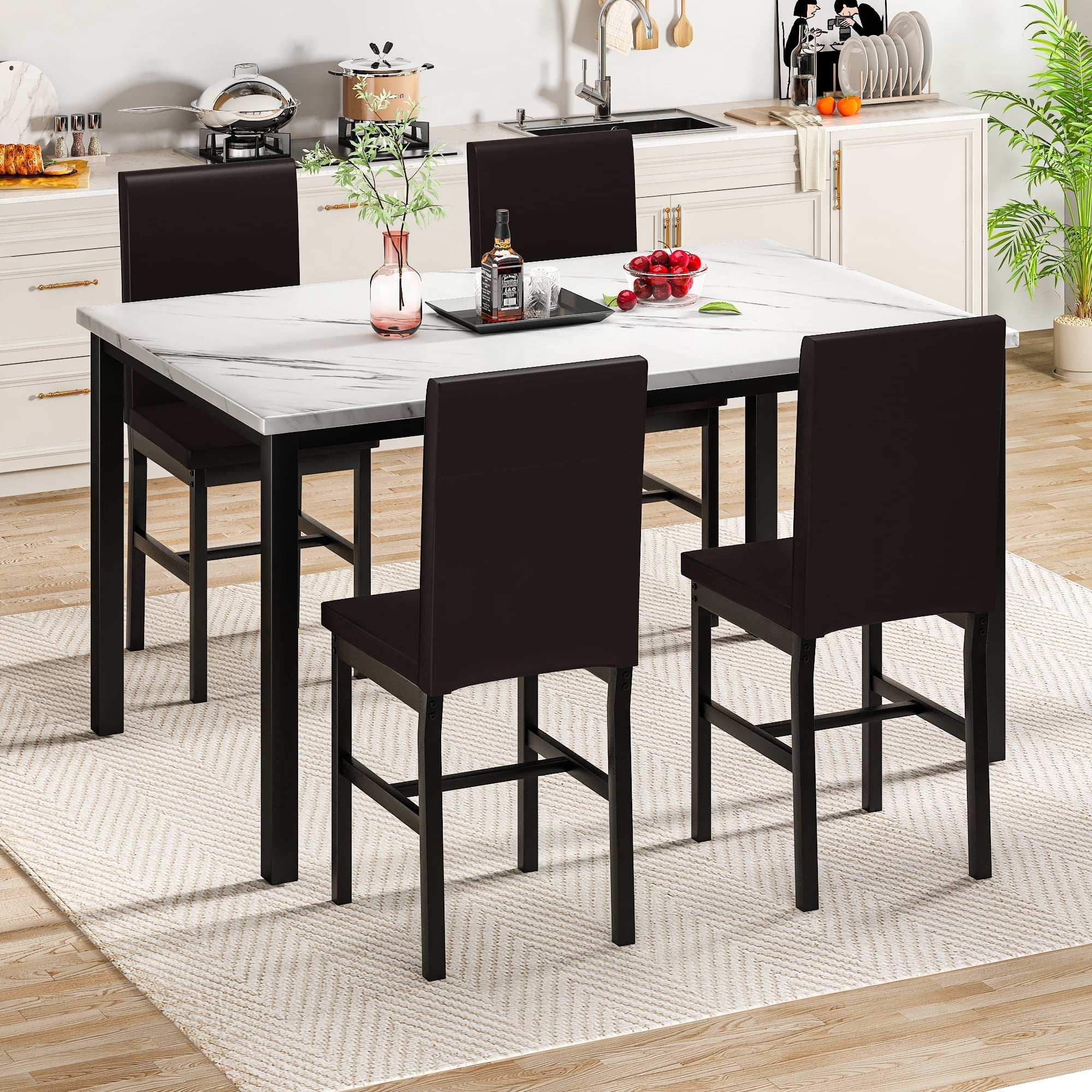 AWQM 5 Piece Dining Table Set, Modern Faux Marble Tabletop and 4 PU Leather Upholstered Chairs, Rectangle Kitchen Table and Chairs for 4 Persons, Small Dining Set for Bar Dining Room Breakfast Nook