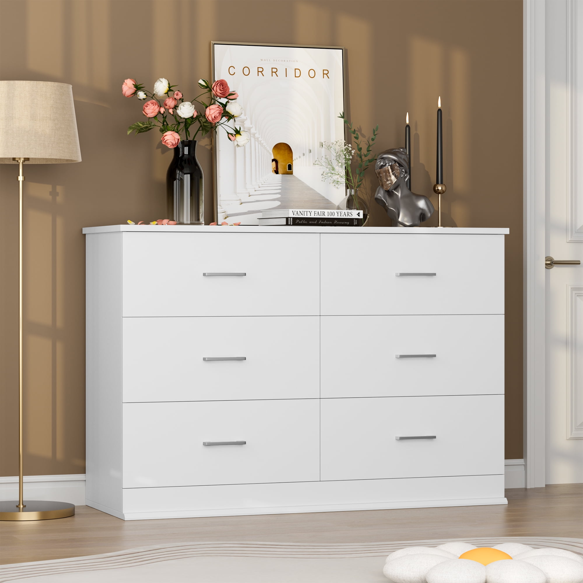 Homfa Dresser 6 Drawer, 47'' W Chest of Drawer with Deep Drawers, 6 drawer dressers for Bedroom, Living Room, White