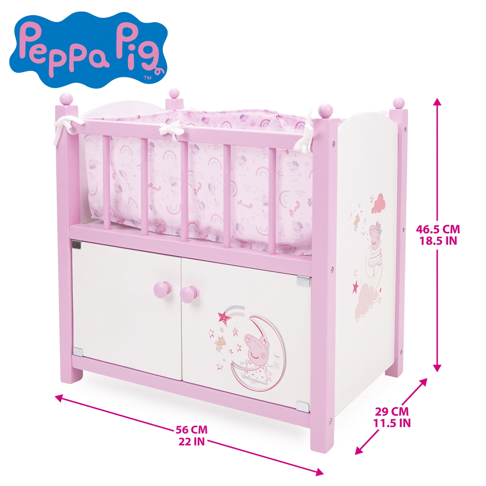 509 Crew: Peppa Pig - 2-In-1 Wooden Doll Crib - Pink-White-Moon, Built-In Storage Cabinet, Pillow & Blanket, Doll & Plush Sleep Accessory Toy, Kids 3+