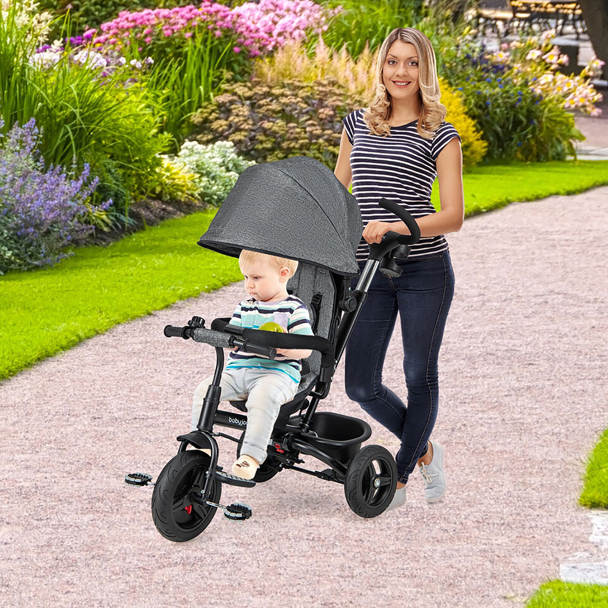Gymax 4-in-1 Baby Tricycle Toddler Trike w/ Reversible Seat Canopy & Push Handle Gray