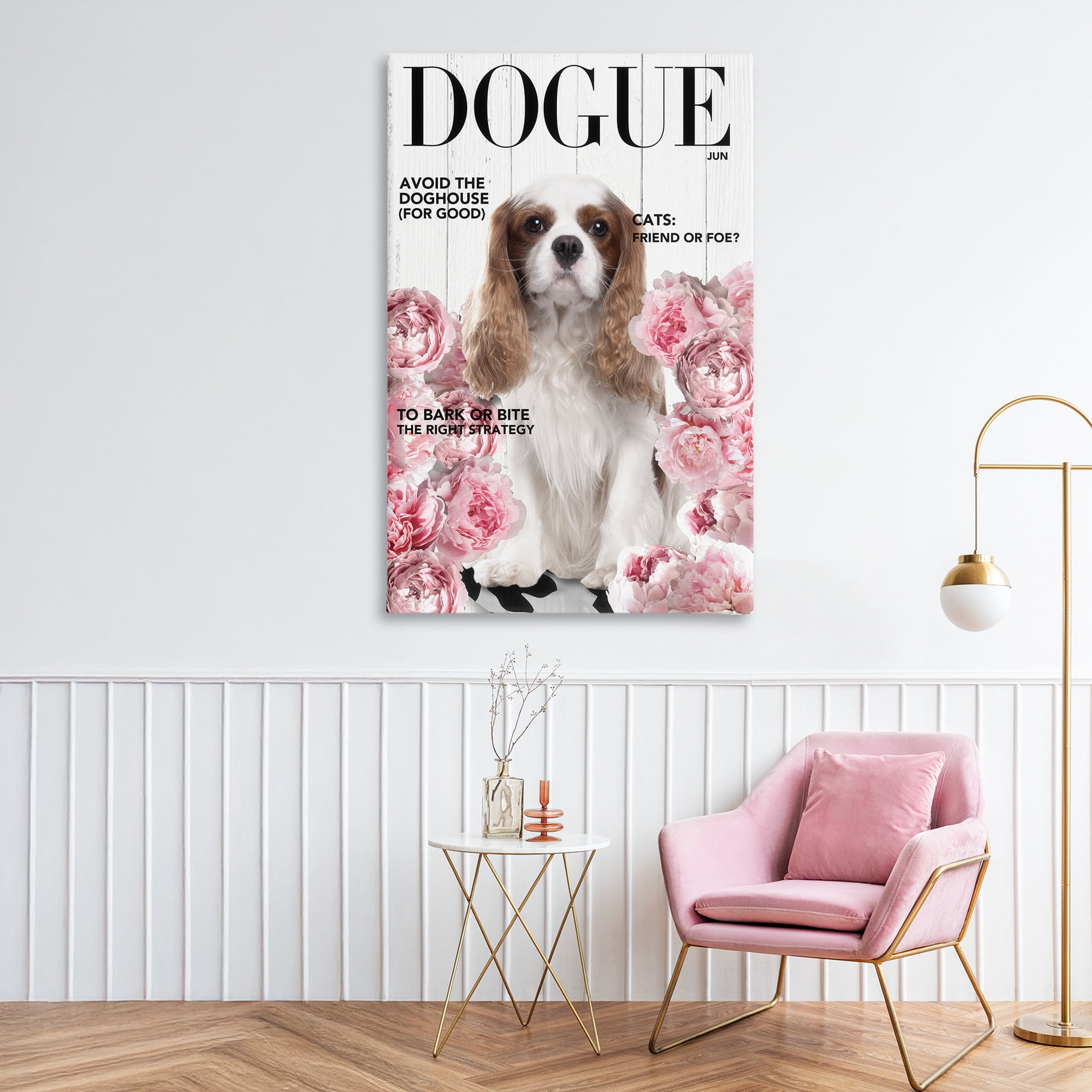 Funny Floral Dog Magazine Canvas Wall Art, design by Sasha