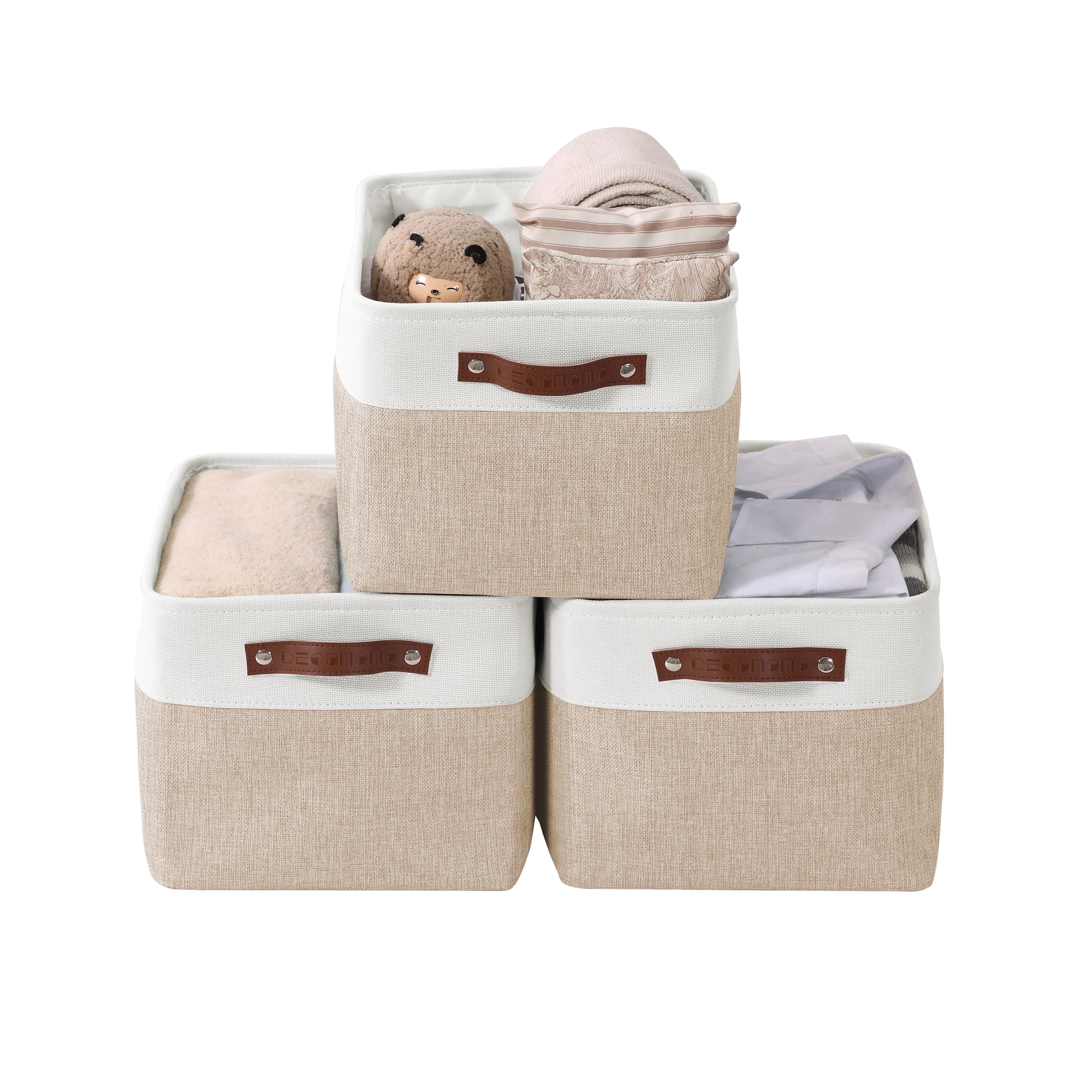 DECOMOMO Durable Large Storage Baskets, Fabric Storage Bins with Faux Leather Handles (Beige and White, Set of 3)