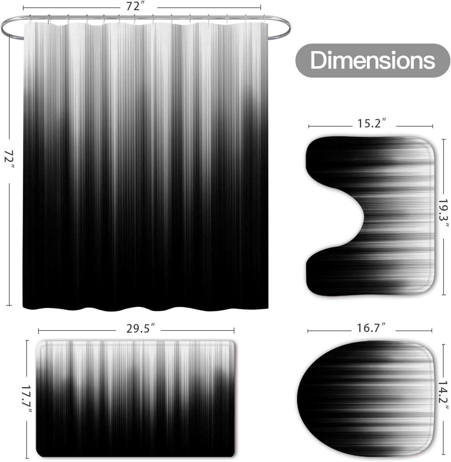 Red and Black Gradient Shower Curtain Set with Rugs and Toilet Lid Cover, Modern Simple Waterproof Fabric Bathroom Set, Ombre Stripe Gothic Abstract Bathroom Decor Set Accessories