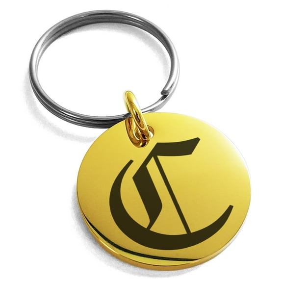 Stainless Steel Letter C Initial Old English Monogram Engraved Small Medallion Circle Charm Keychain Keyring