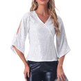 thumbnail image 1 of Blusa de lentejuelas INSPIRE CHIC para mujer, de manga 3/4, con escote en V, brillante, para fiesta, atuendo disco, plateada, talla L, 1 of 1