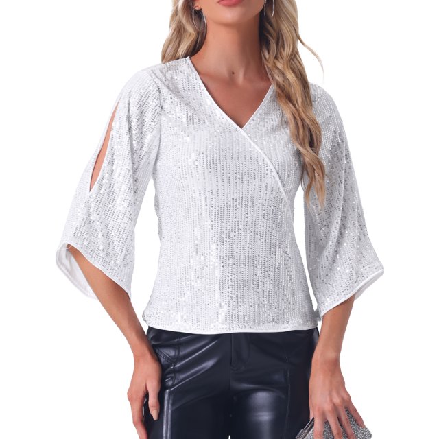 Blusa de lentejuelas INSPIRE CHIC para mujer, de manga 3/4, con escote en V, brillante, para fiesta, atuendo disco, plateada, talla L