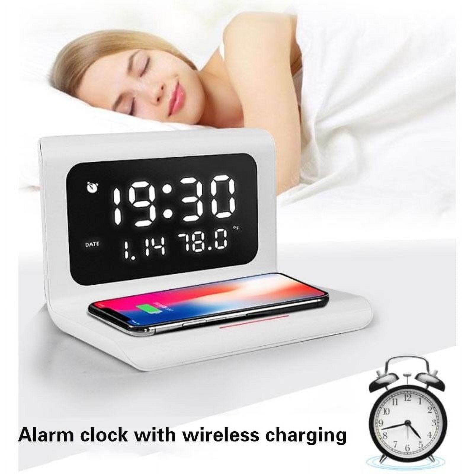 cpengpj Alarm Clock with Wireless Charging, 6 Inch Dimmable LED Display, Digital Calendar, Temperature and Date Display, USB Charging Port for Smartphones and Devices