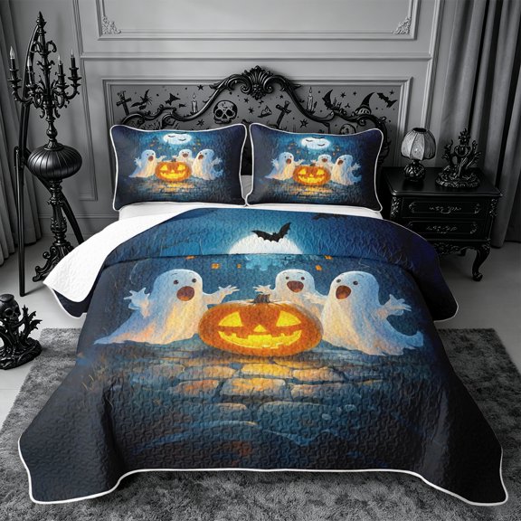 Erosebridal Halloween Ghost Castle Twin Quilt Set 2 Pieces,Spooky Animal Twin Coverlet Set,Dark Blue,1 Bedspread and 1 Pillowcase