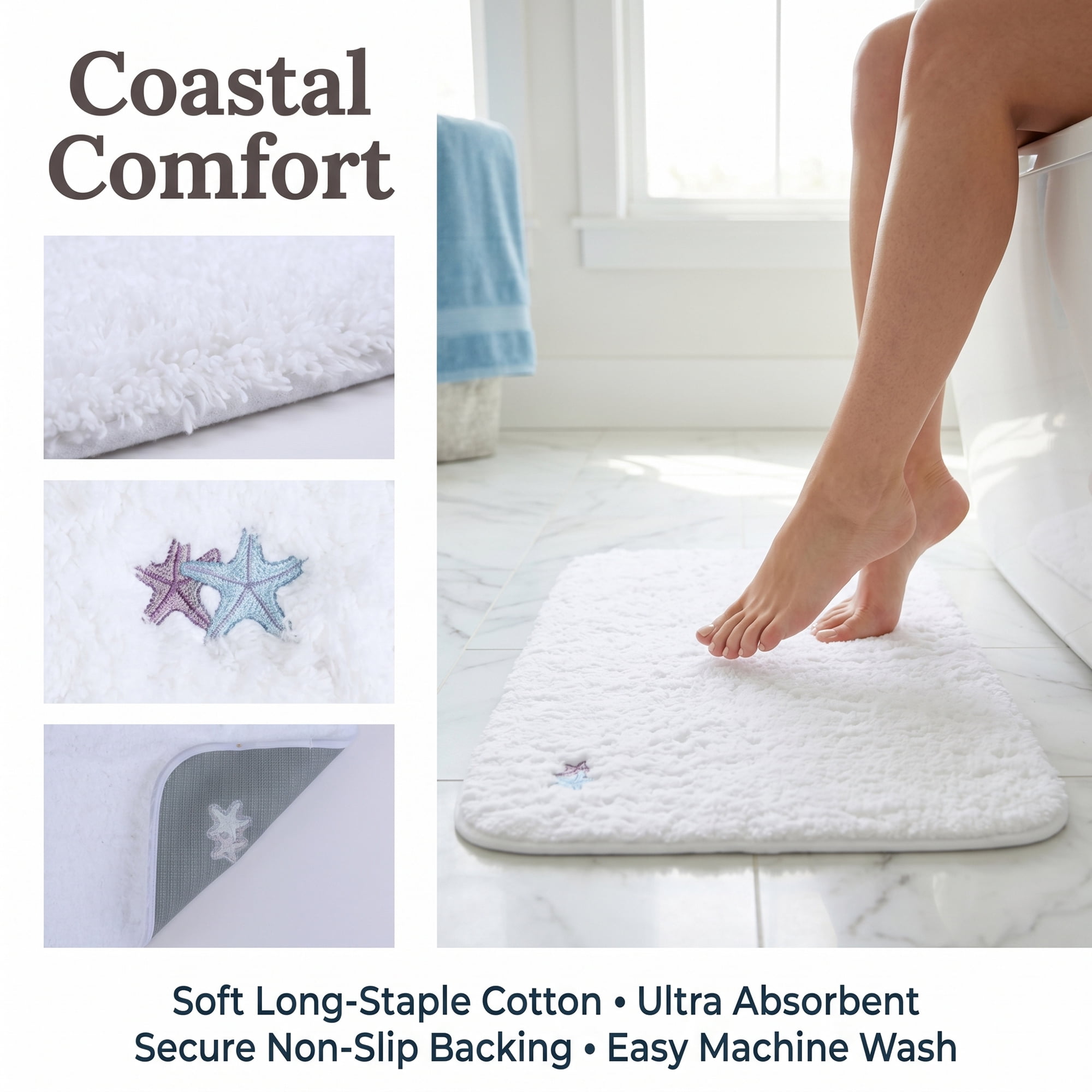 Unique Bargains High-End Plush Absorbent Microfiber Bath Mat White Starfish 32" x 20"
