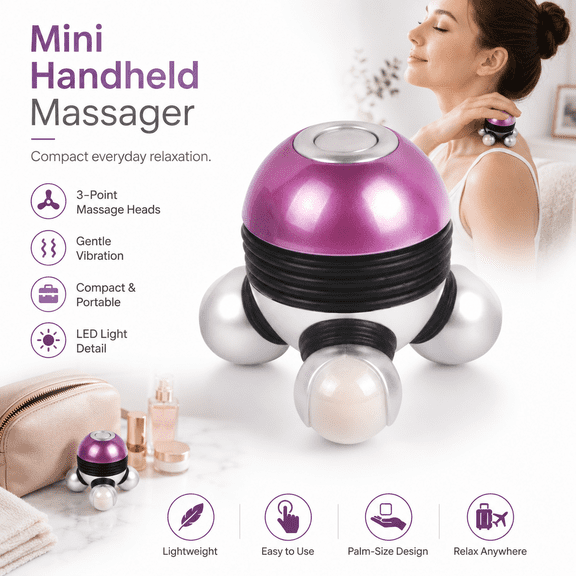 Mini Vibration Body Massager, Portable 3-Point Handheld Massage Device with LED Lights for Neck Shoulders Back Arms Waist and Legs, Purple