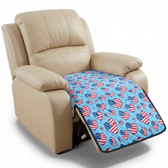 ZIATUBLES Light Blue American Flag Heart Print Recliner Chair Cover, Quilted Polyester Furniture Protector with Anti-Slip Silicone Dots, Washable Pet Friendly Seat Cushion Slipcover for Living Room
