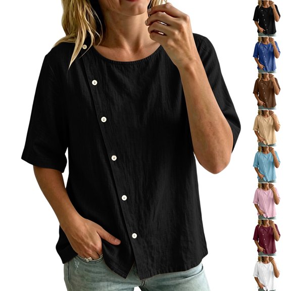 TGSLY Asymmetrical Button Placket Tops for Women Lightweight Thin Crew Neck Solid Color Blouses Loose Fit Dressy Casual Half Sleeve Shirts L