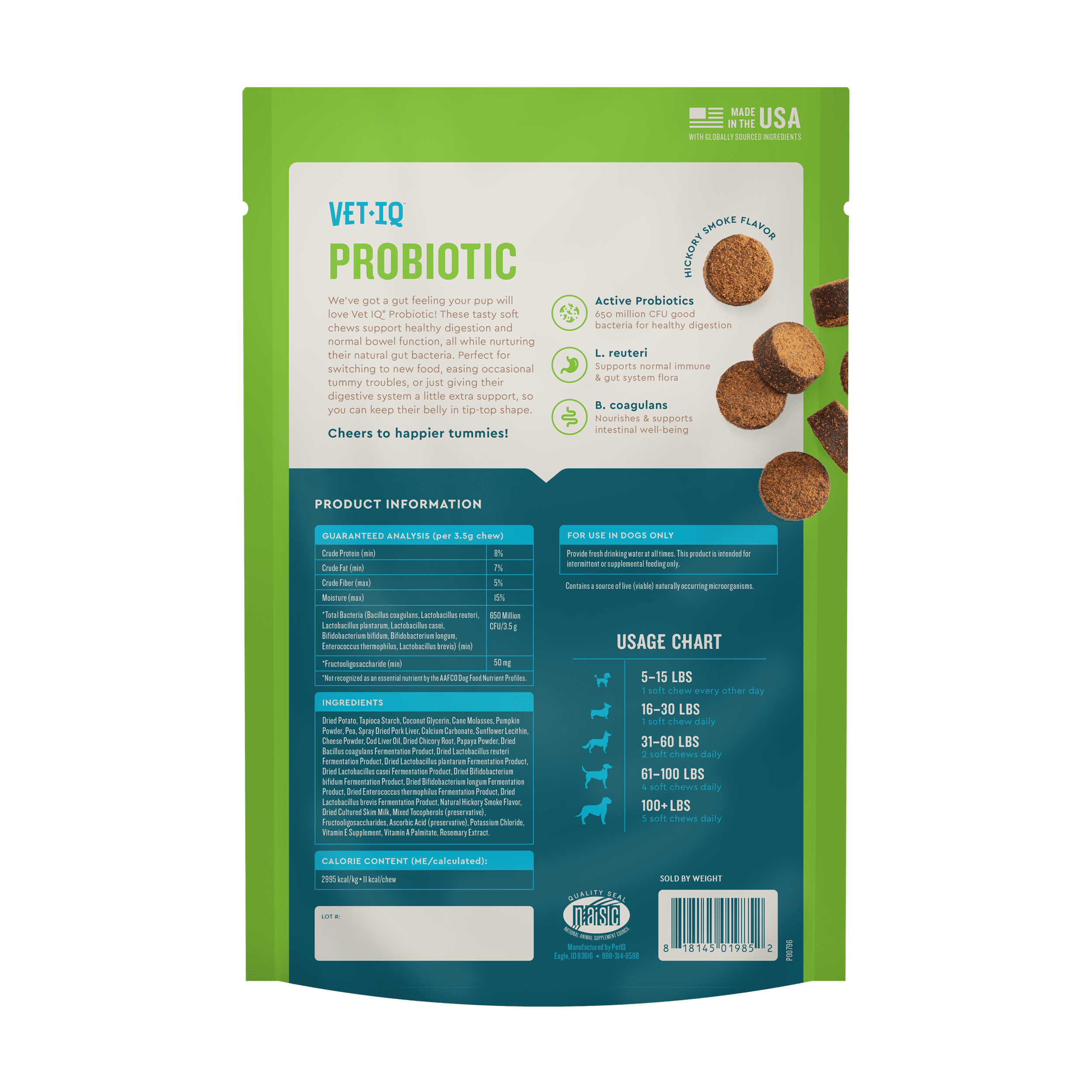 VetIQ Probiotic Supplement for Dogs, Hickory Smoke Flavored Soft Chew 60 Count