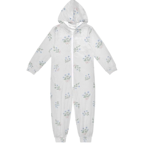 Blue Floral Ribbon Bow Boys & Girls Hooded One-Piece Pajamas Warm Crystal velvet Hooded Long Sleeve Loungewear Jumpsuit Unisex