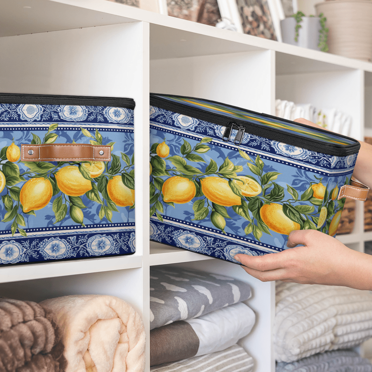 ADECORIVY Blue Lemon Storage Bin with Zipper Lid, Fabric Foldable Shelf Baskets Boxes, Closet Lidded Storage Bins, Decorative Clothes Organizer for Bedroom Home