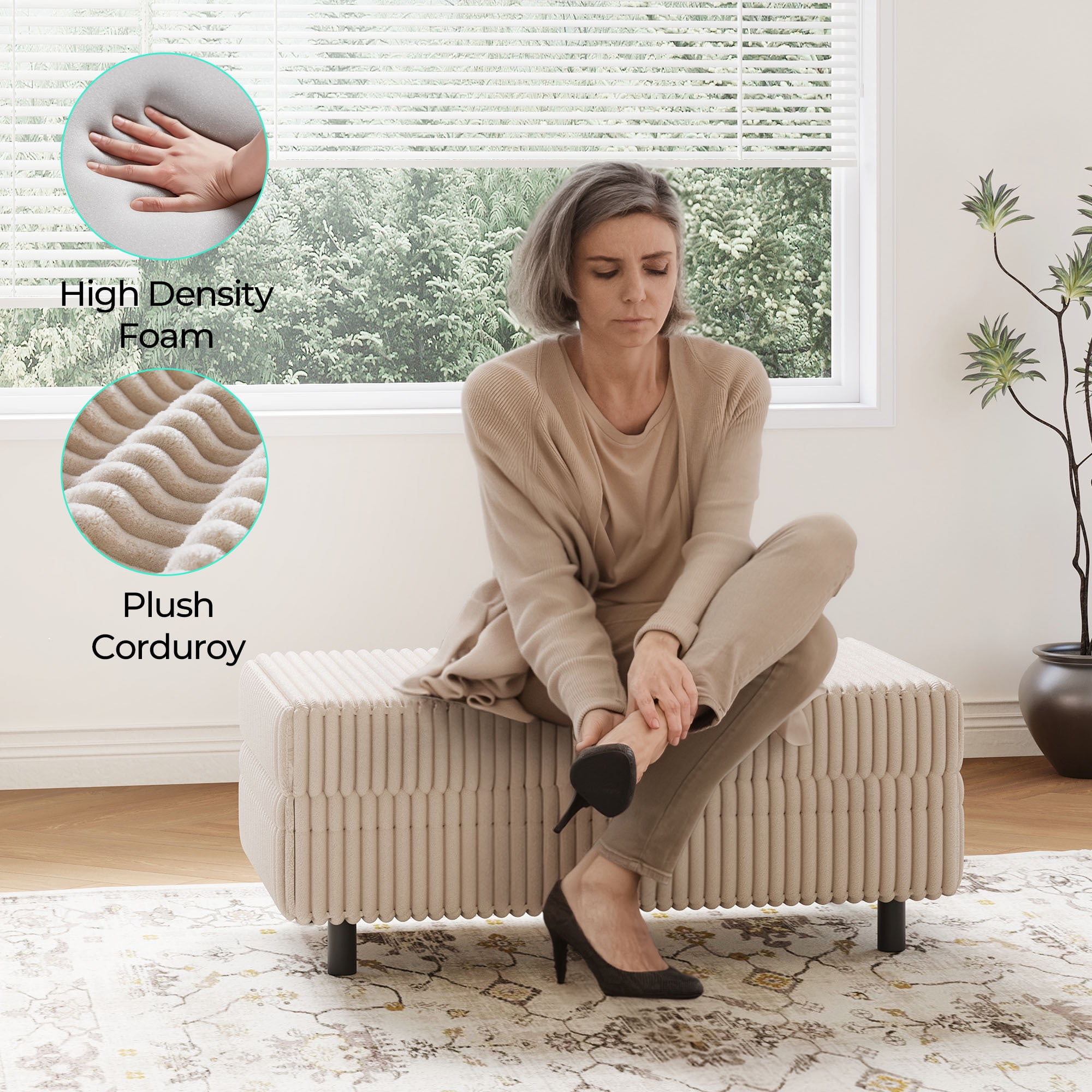 Linsy Home Plush Corduroy Storage Ottoman, Upholstered Ottoman Bench for Sofa, Coffee Table or Footrest, for Living Room, Bedroom or Entryway, Beige
