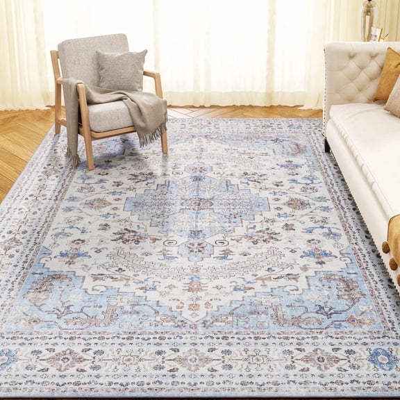 SIXHOME Area Rug 5'x7' Soft Washable Rugs for Living Room Non Slip Carpet Vintage Medallion Bedroom Indoor Floor Rugs Distressed Blue