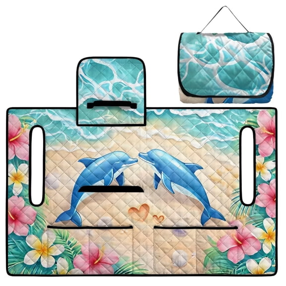 Xoenoiee Beach Dolphin Seashell Print Golf Cart Seat Covers, Hibiscus Plumeria Palm Leaves Golf Cart Seat Towel Blanket with 4 Front Pockets for Most Golf Carts Fits for EZGO, Club Car, Yamaha