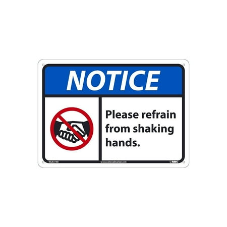 UPC: 0887481156347 | National Marker Wall Sign  Notice: Please Refrain from Shaking Hands   Aluminum 10  x 14  Blue/White