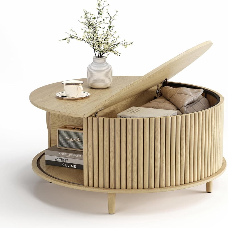 Kelno 31 Inch Round Coffee Table Mid Century Fluted Center Table with Sliding Door,Oak