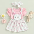 thumbnail image 2 of Okbabeha Newborn Baby Girl Pink Bunny Outfit Long Sleeve Romper Rabbit Suspender Skirt Overall Dress Headband My 1st Easter Outfit, 2 of 5
