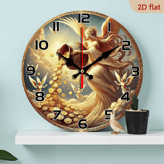 2D Flat 1pc 10Inch Fantasy Angel Blessing Wall Clock, Silent Wooden Timepiece with Japanese Quartz Movement, Round Analog Decorative Clock for Living Room, Bedroom, Office Battery Operated