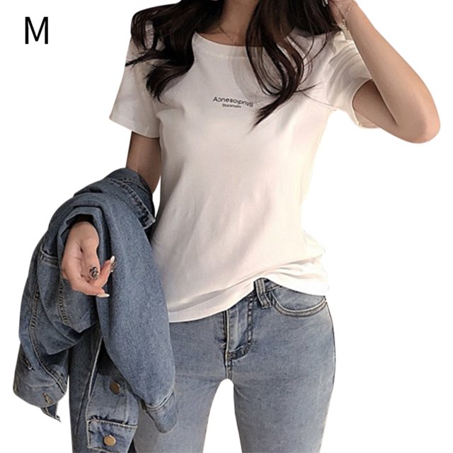 Camiseta de mujer de manga corta con cuello redondo Camiseta con estampado de letras, blanco, M Yuarrent AP001571-01B