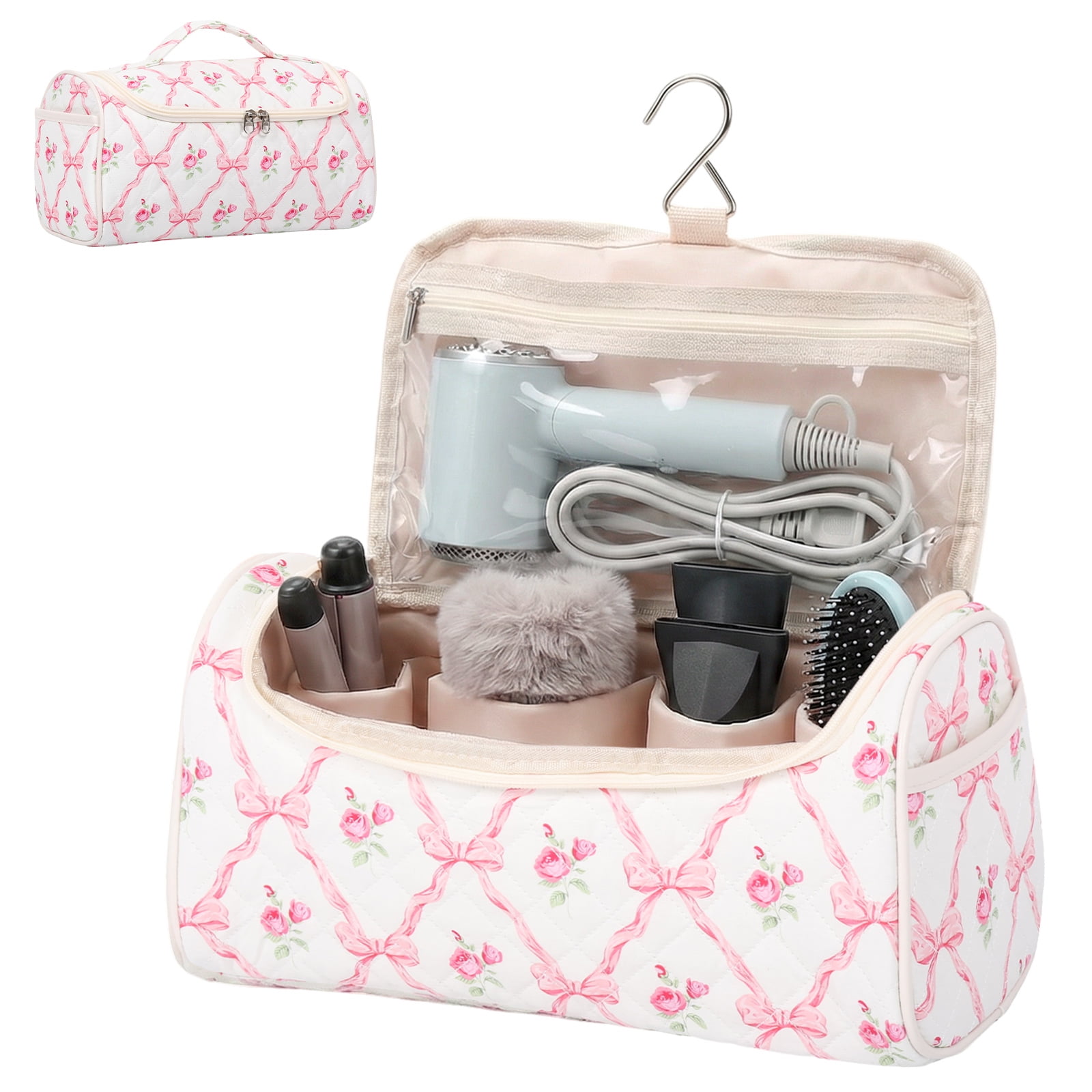 NUAHRHY Travel Makeup Bag with Handle, Cosmetic Organizer Bag Toiletry Bag for Women Girls, Cute Travel Essentials Case with Compartments, Vertical Make up Storage Bag Hair Dryer Holder